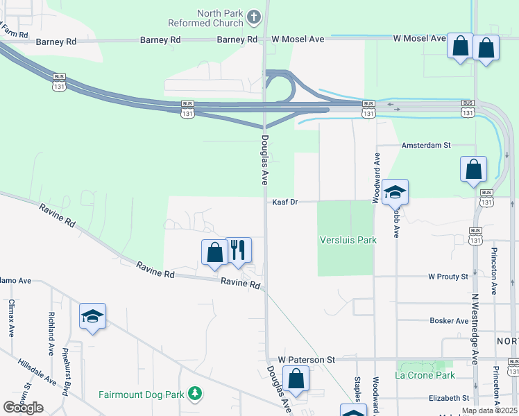 map of restaurants, bars, coffee shops, grocery stores, and more near 1915 Douglas Avenue in Kalamazoo