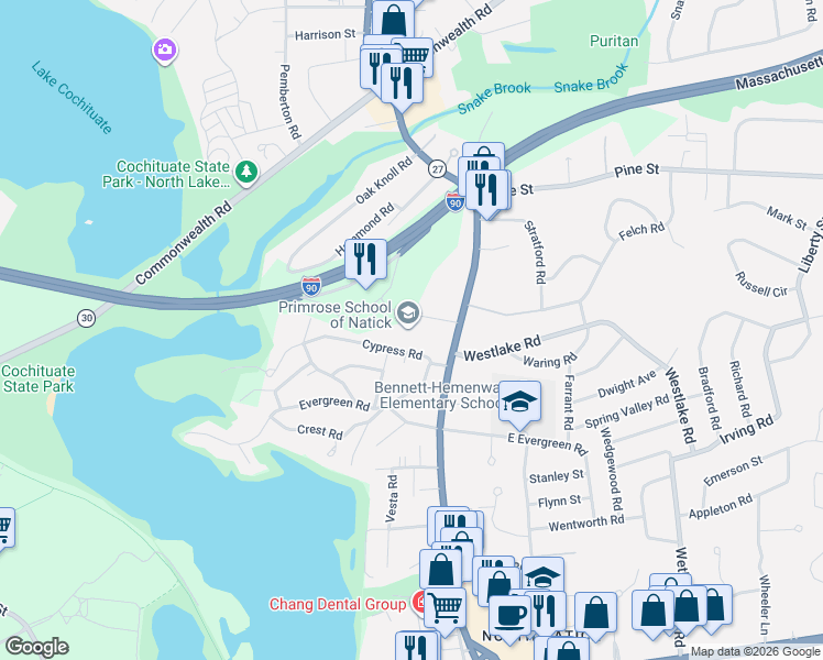 map of restaurants, bars, coffee shops, grocery stores, and more near 296 North Main Street in Natick
