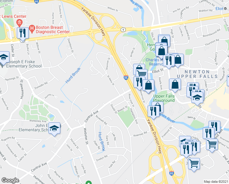 map of restaurants, bars, coffee shops, grocery stores, and more near 20 Saint Mary Street in Needham