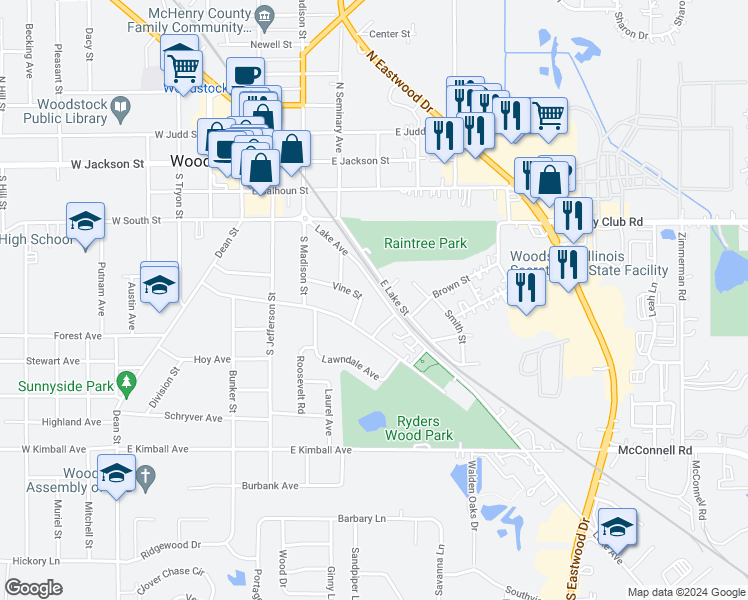 map of restaurants, bars, coffee shops, grocery stores, and more near 440 Lake Avenue in Woodstock