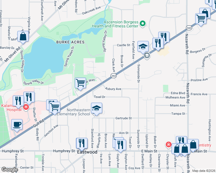 map of restaurants, bars, coffee shops, grocery stores, and more near 2611 Asbury Avenue in Kalamazoo