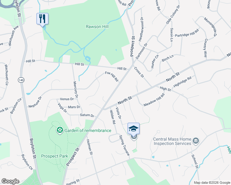 map of restaurants, bars, coffee shops, grocery stores, and more near 210 Prospect Street in Shrewsbury