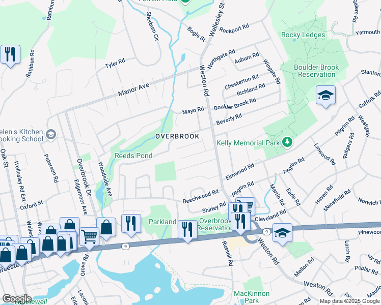 map of restaurants, bars, coffee shops, grocery stores, and more near 8 Bryn Mawr Road in Wellesley