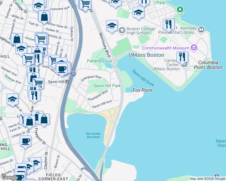 map of restaurants, bars, coffee shops, grocery stores, and more near 243A Savin Hill Avenue in Boston