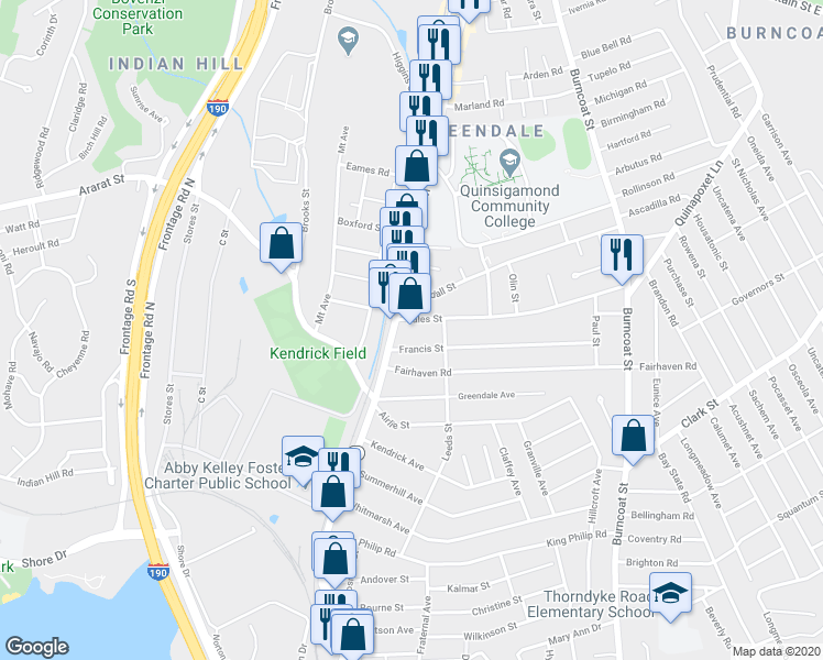 map of restaurants, bars, coffee shops, grocery stores, and more near 540 West Boylston Street in Worcester