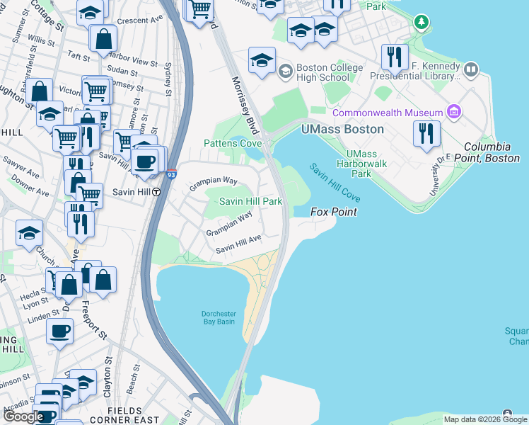 map of restaurants, bars, coffee shops, grocery stores, and more near 247 Savin Hill Avenue in Boston