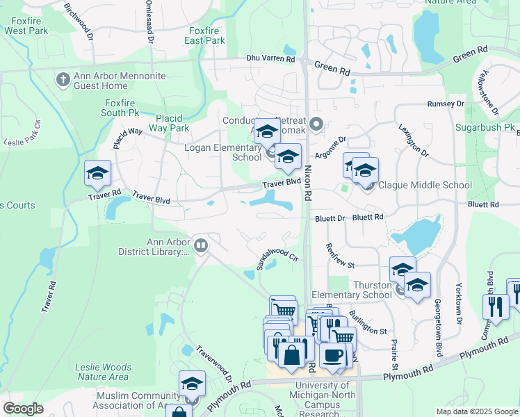 map of restaurants, bars, coffee shops, grocery stores, and more near 2517 Meade Court in Ann Arbor