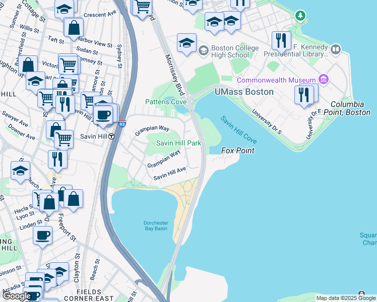 map of restaurants, bars, coffee shops, grocery stores, and more near 247 Savin Hill Avenue in Boston