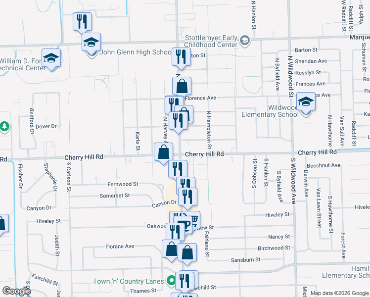 map of restaurants, bars, coffee shops, grocery stores, and more near 108 North Wayne Road in Westland