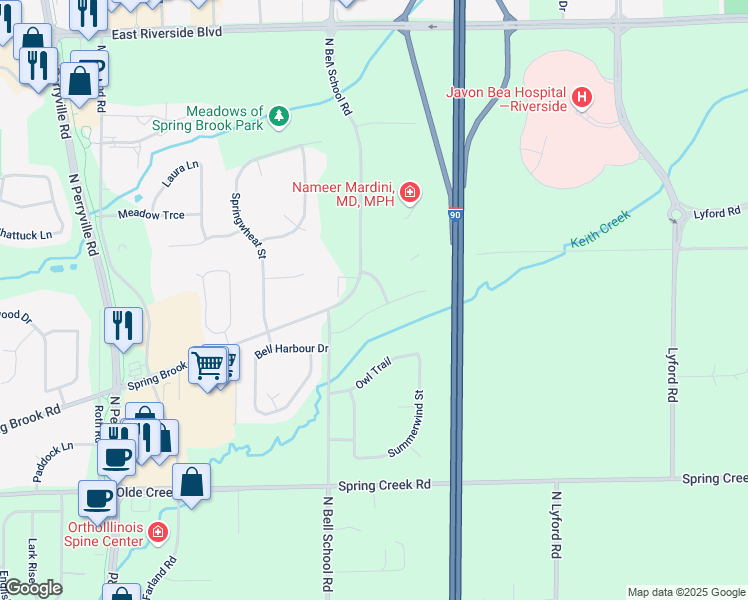 map of restaurants, bars, coffee shops, grocery stores, and more near 7608 Creek Bend in Rockford