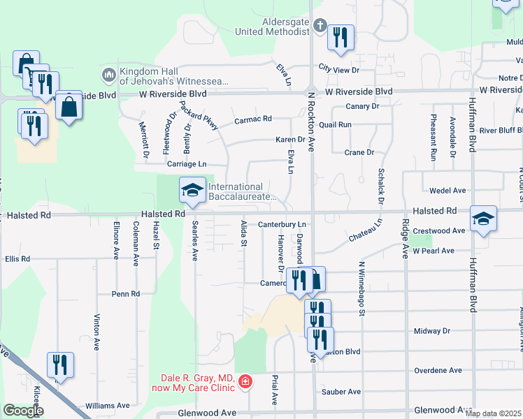 map of restaurants, bars, coffee shops, grocery stores, and more near 2625 Halsted Road in Rockford