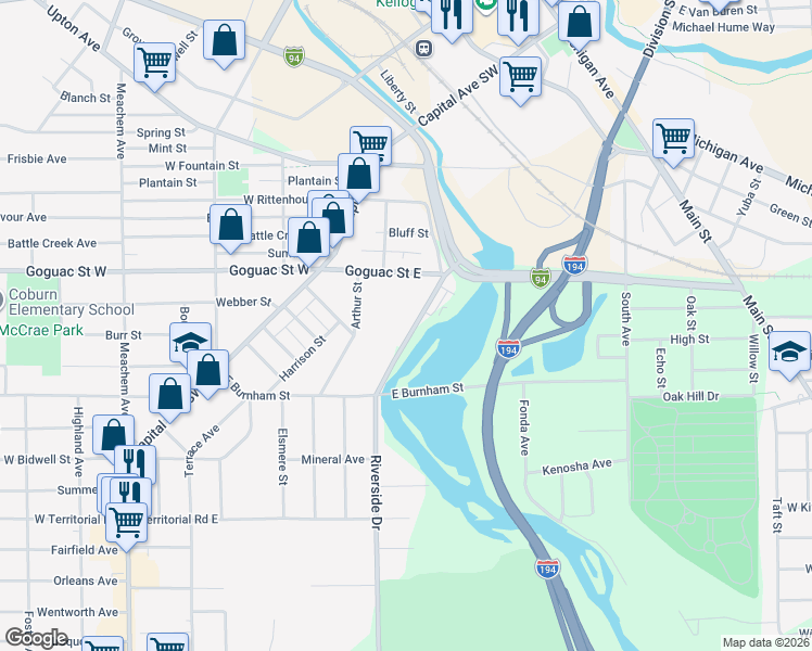 map of restaurants, bars, coffee shops, grocery stores, and more near 172 Riverside Drive in Battle Creek