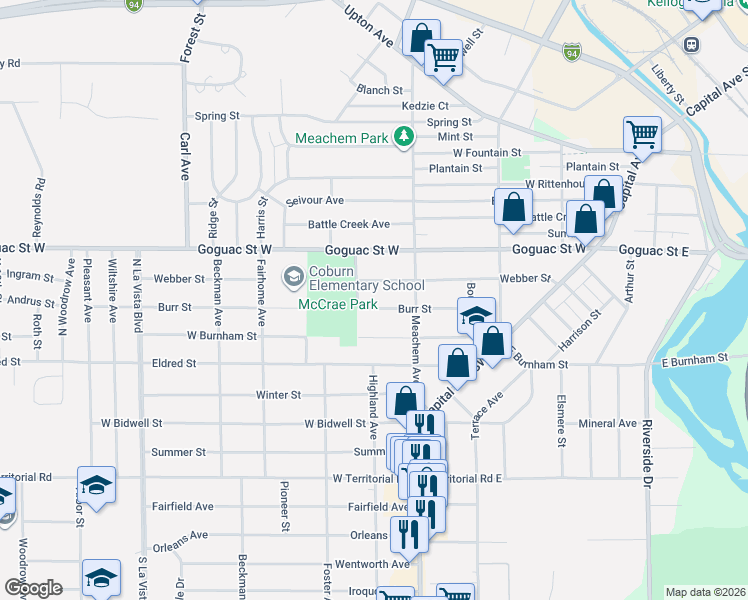 map of restaurants, bars, coffee shops, grocery stores, and more near 96 Burr Street in Battle Creek