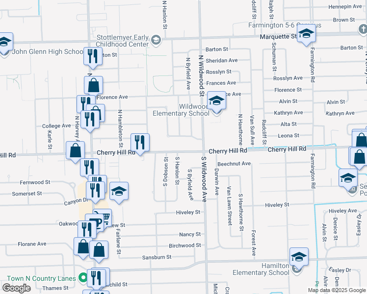 map of restaurants, bars, coffee shops, grocery stores, and more near 34580 Cherry Hill Road in Westland