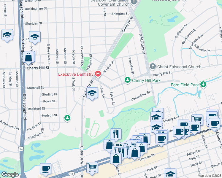 map of restaurants, bars, coffee shops, grocery stores, and more near 22900 Cherry Hill Street in Dearborn