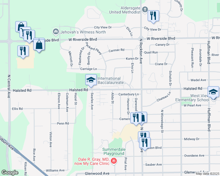 map of restaurants, bars, coffee shops, grocery stores, and more near 2809A Halsted Road in Rockford