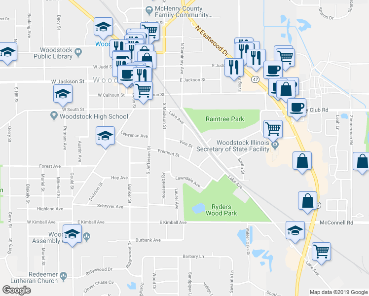 map of restaurants, bars, coffee shops, grocery stores, and more near 342 Vine Street in Woodstock