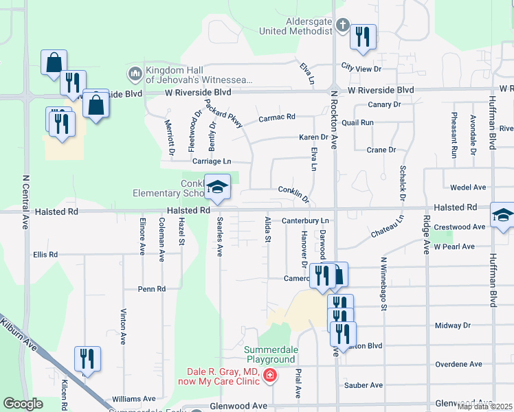 map of restaurants, bars, coffee shops, grocery stores, and more near 2817 Halsted Road in Rockford