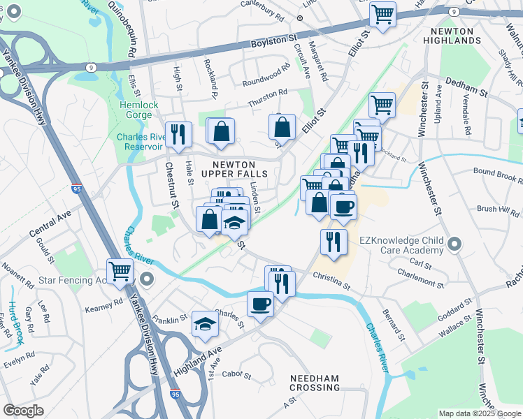 map of restaurants, bars, coffee shops, grocery stores, and more near 70 Linden Street in Newton