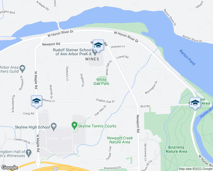 map of restaurants, bars, coffee shops, grocery stores, and more near 2604 White Oak Court in Ann Arbor