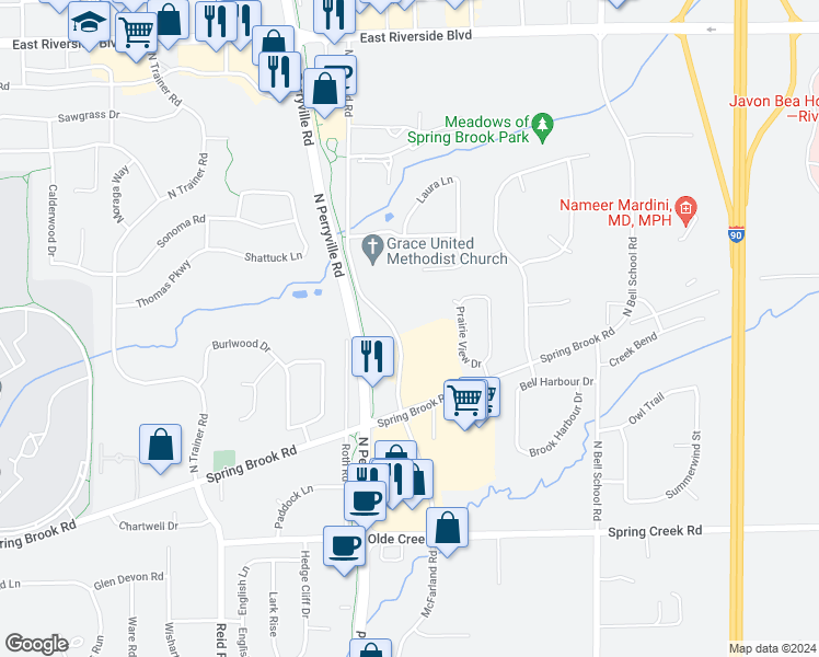 map of restaurants, bars, coffee shops, grocery stores, and more near 7180 McFarland Road in Rockford