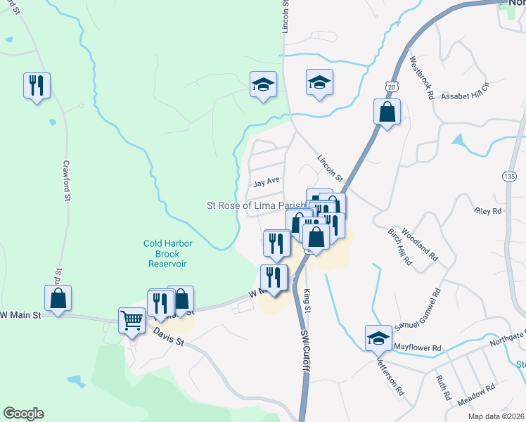 map of restaurants, bars, coffee shops, grocery stores, and more near 12 Shadylane Avenue in Northborough