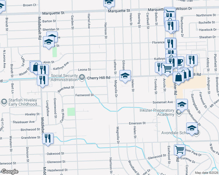 map of restaurants, bars, coffee shops, grocery stores, and more near 215 Harrison Street in Inkster