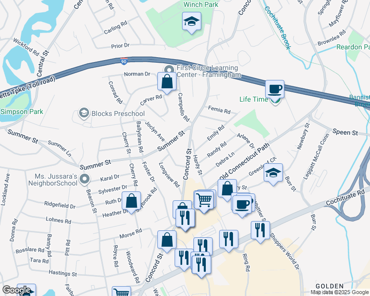 map of restaurants, bars, coffee shops, grocery stores, and more near 1152 Concord Street in Framingham
