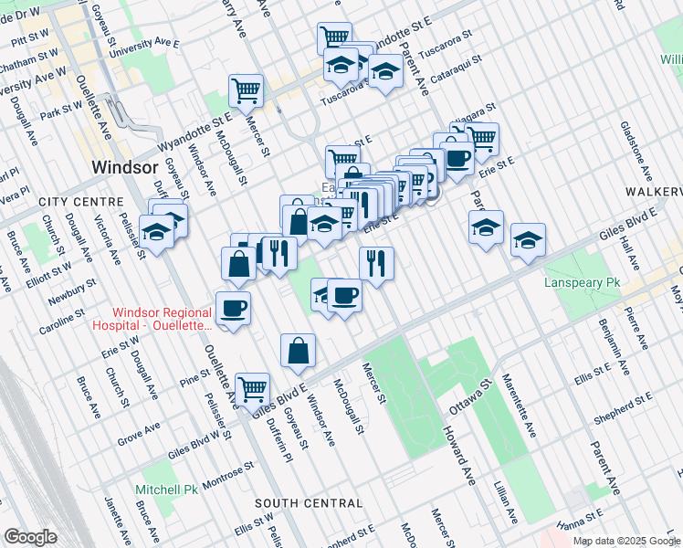 map of restaurants, bars, coffee shops, grocery stores, and more near 1069 Highland Avenue in Windsor