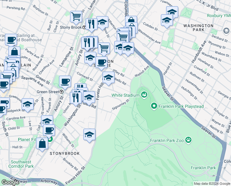 map of restaurants, bars, coffee shops, grocery stores, and more near 53 Peter Parley Road in Boston