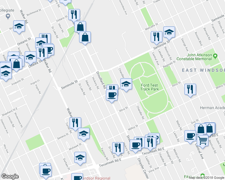 map of restaurants, bars, coffee shops, grocery stores, and more near 1597 Cadillac Street in Windsor
