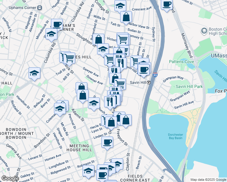 map of restaurants, bars, coffee shops, grocery stores, and more near 1181 Dorchester Avenue in Boston