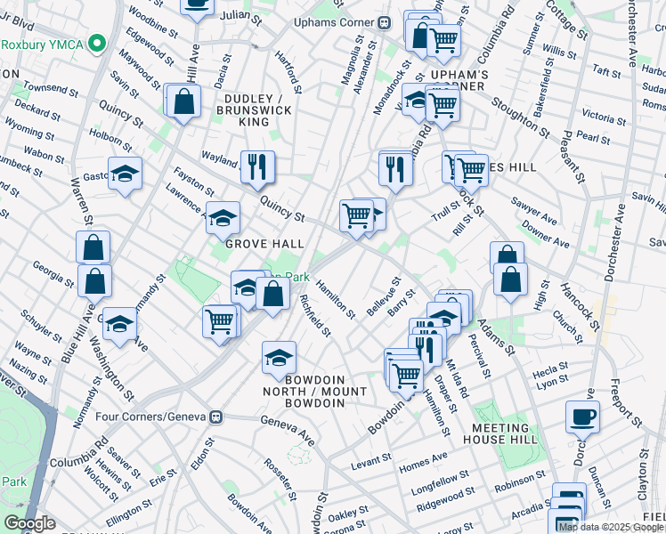 map of restaurants, bars, coffee shops, grocery stores, and more near 349 Columbia Road in Boston