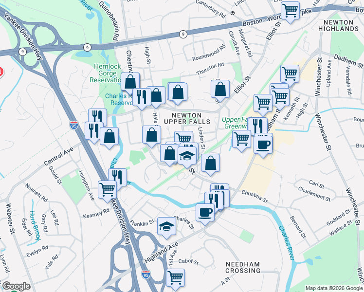 map of restaurants, bars, coffee shops, grocery stores, and more near 11 Indiana Terrace in Newton