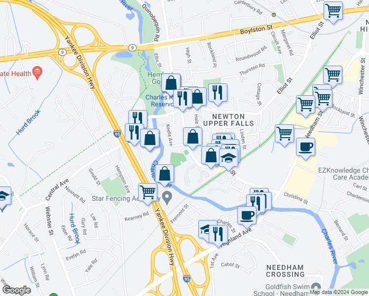 map of restaurants, bars, coffee shops, grocery stores, and more near in Newton