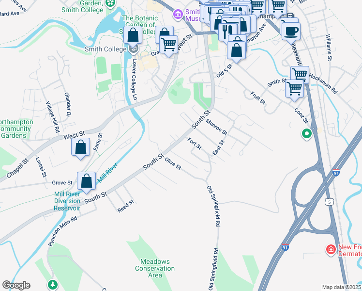 map of restaurants, bars, coffee shops, grocery stores, and more near 206 South Street in Northampton