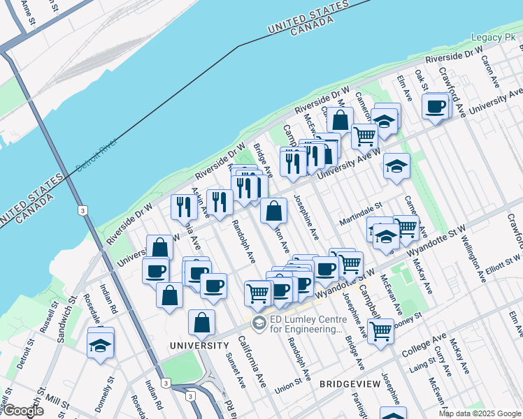 map of restaurants, bars, coffee shops, grocery stores, and more near 2062 University Avenue West in Windsor