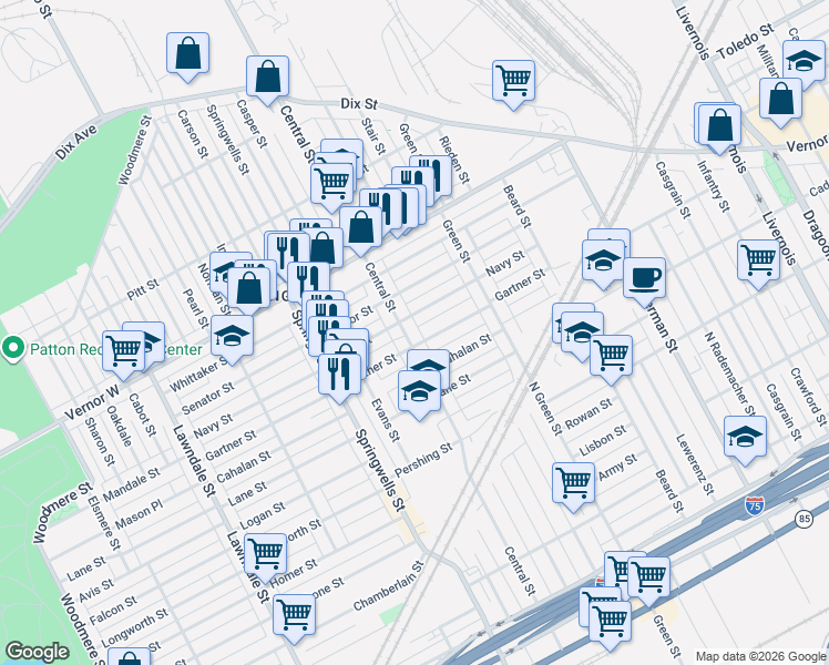 map of restaurants, bars, coffee shops, grocery stores, and more near 1932 Central Avenue in Detroit