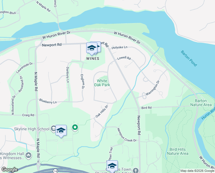 map of restaurants, bars, coffee shops, grocery stores, and more near 2604 White Oak Court in Ann Arbor