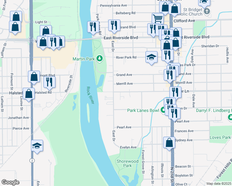 map of restaurants, bars, coffee shops, grocery stores, and more near 5521 East Drive in Loves Park