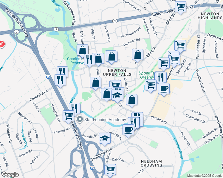 map of restaurants, bars, coffee shops, grocery stores, and more near 11 Indiana Terrace in Newton