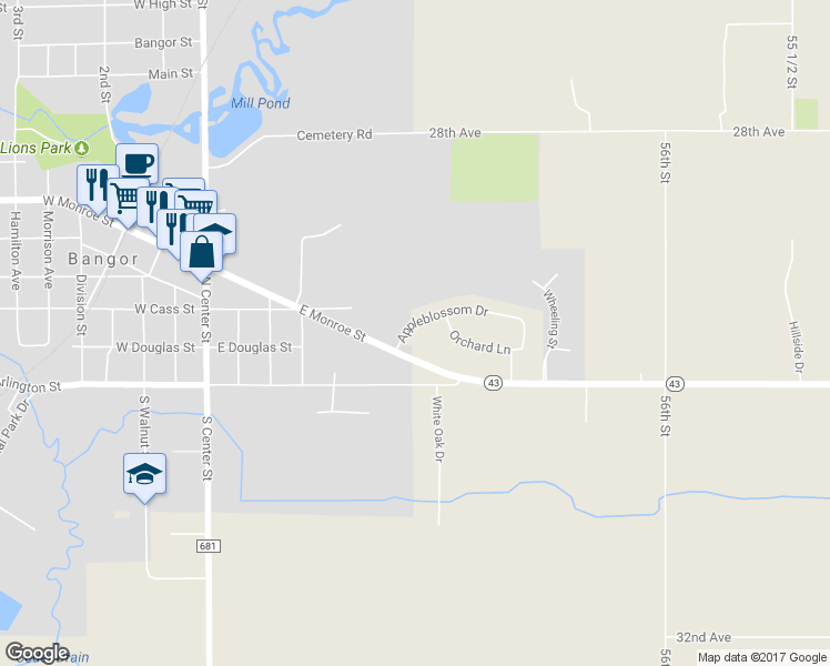 map of restaurants, bars, coffee shops, grocery stores, and more near 56989 Appleblossom Drive in Bangor