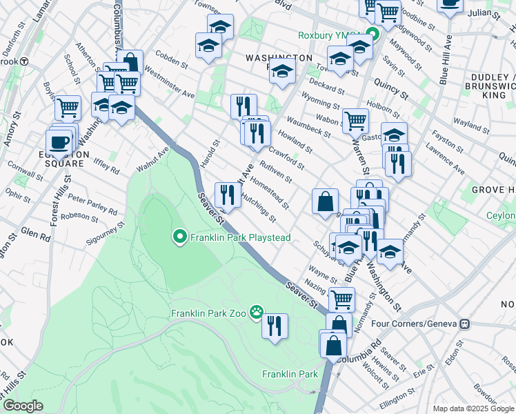 map of restaurants, bars, coffee shops, grocery stores, and more near 43 Hutchings Street in Boston