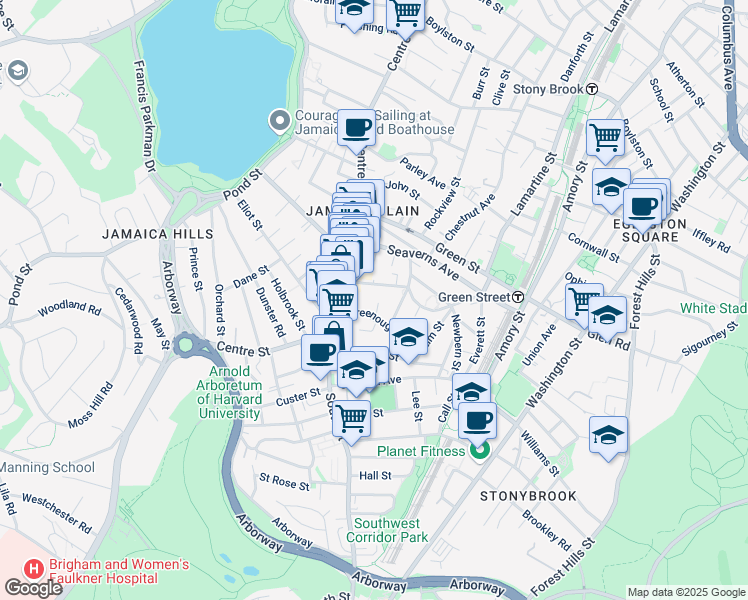 map of restaurants, bars, coffee shops, grocery stores, and more near 2 Greenough Park in Boston