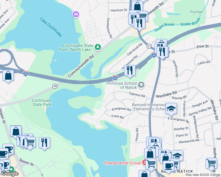 map of restaurants, bars, coffee shops, grocery stores, and more near 5 Bayberry Road in Natick