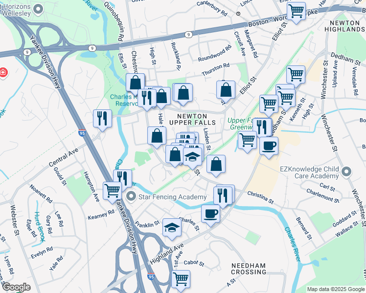 map of restaurants, bars, coffee shops, grocery stores, and more near 11 Indiana Terrace in Newton