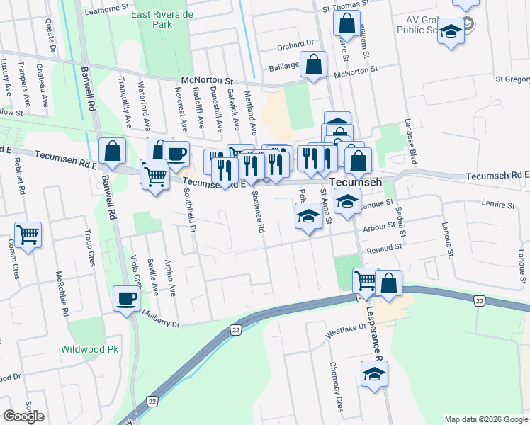 map of restaurants, bars, coffee shops, grocery stores, and more near 1226 Shawnee Road in Tecumseh