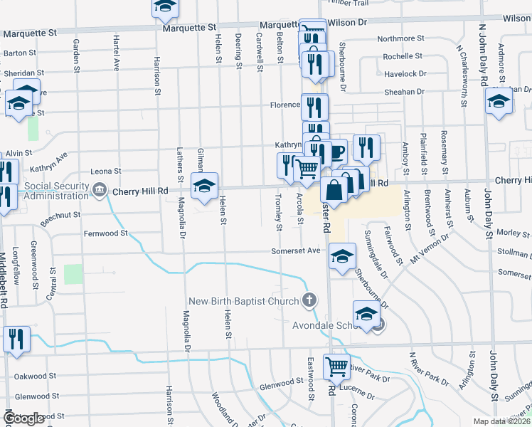 map of restaurants, bars, coffee shops, grocery stores, and more near 201 Cardwell Street in Inkster