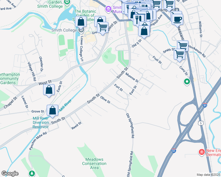 map of restaurants, bars, coffee shops, grocery stores, and more near 206 South Street in Northampton