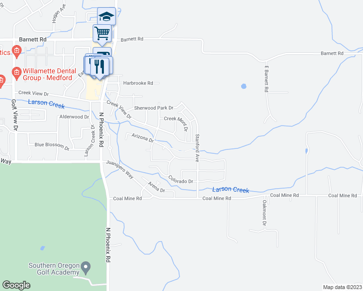 map of restaurants, bars, coffee shops, grocery stores, and more near 3860 Creek View Drive in Medford